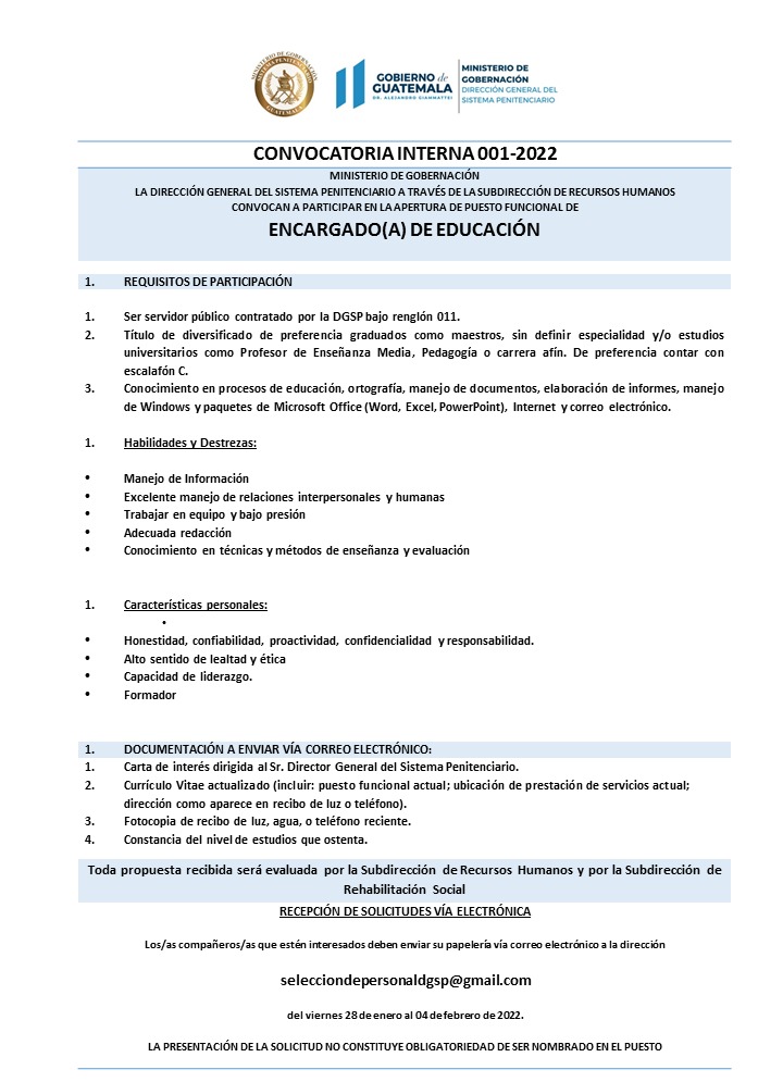 Convocatoria Interna, puesto funcional de: ENCARGADO (A) DE EDUCACIÓN