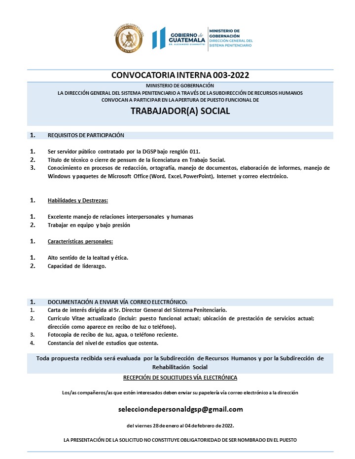 Convocatoria Interna, puesto funcional de: TRABAJADOR (A) SOCIAL